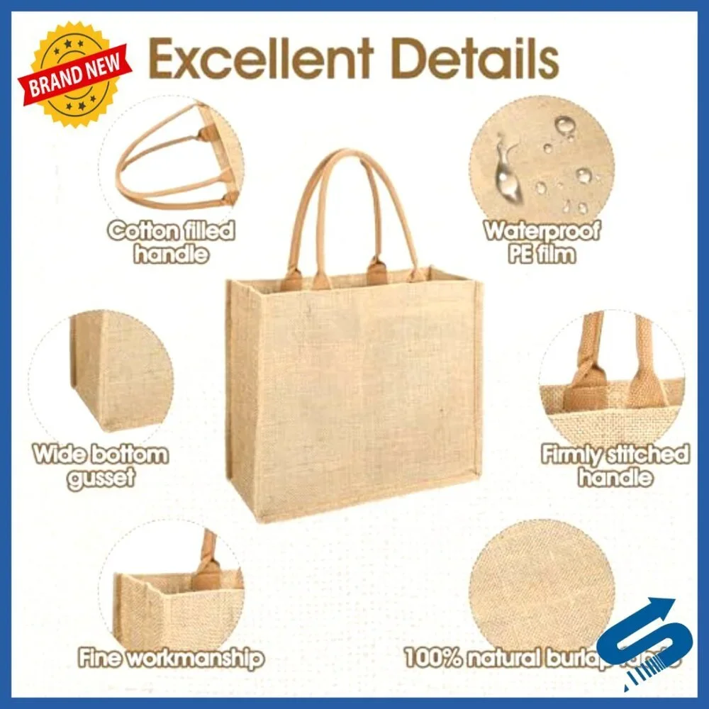 Reusable Jute Tote Bags Natural Burlap Eco-Friendly Grocery Shopping Travel
